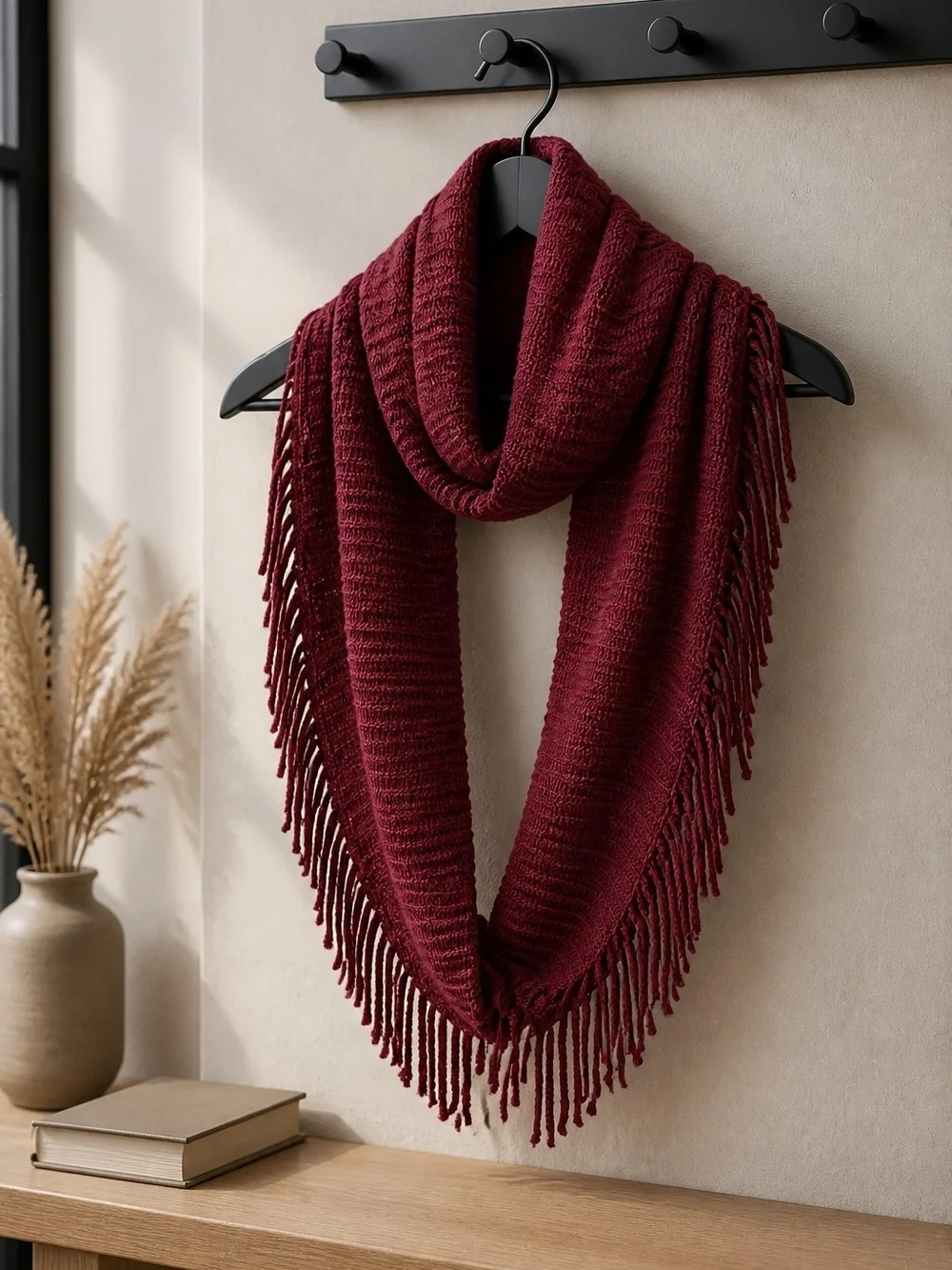 Classic Burgundy Knit Fringe Infinity Scarf